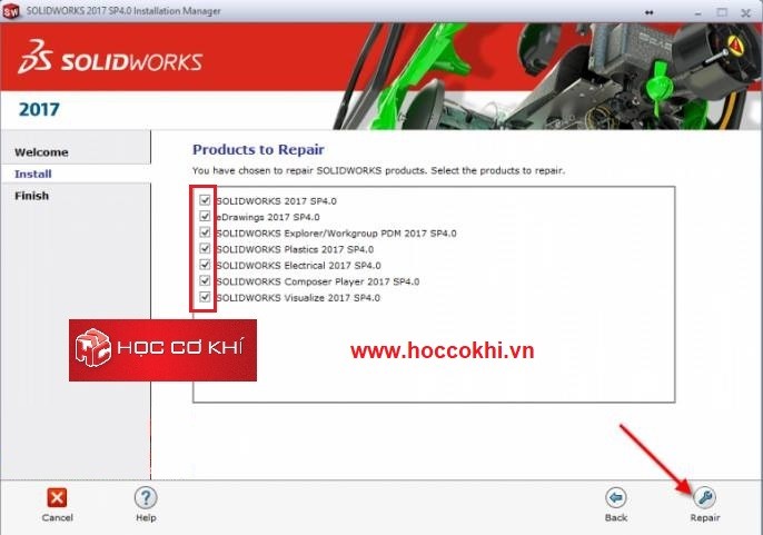 Sửa chữa lại chương tr&igrave;nh c&agrave;i đặt (Repair Solidworks)